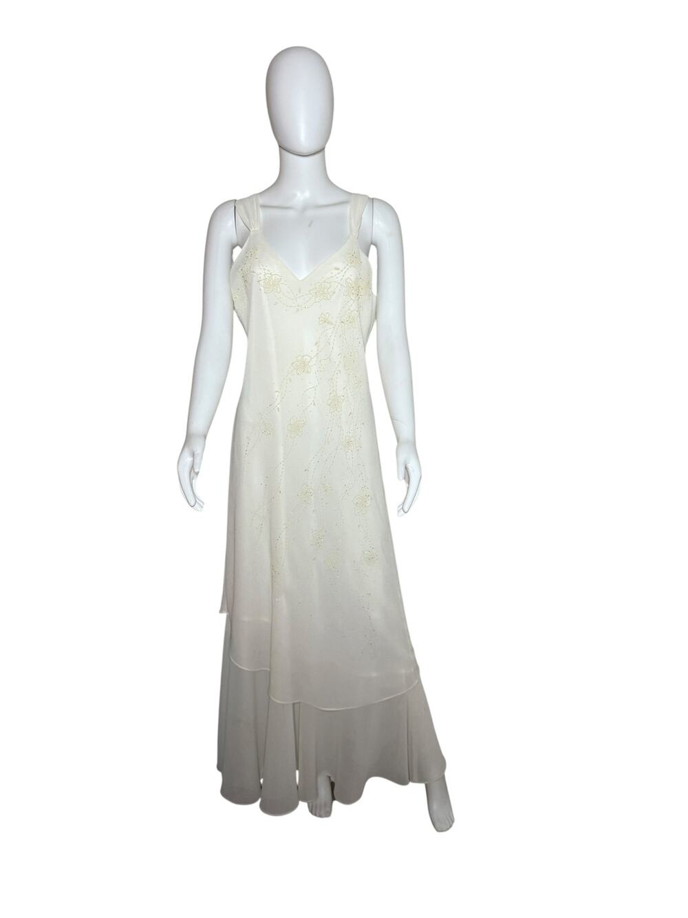 White Beaded Floral Sleeveless Layered Maxi Dress